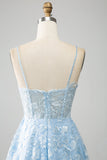 Sky Blue A-Line Spaghetti Straps Lace Long Corset Ball Dress