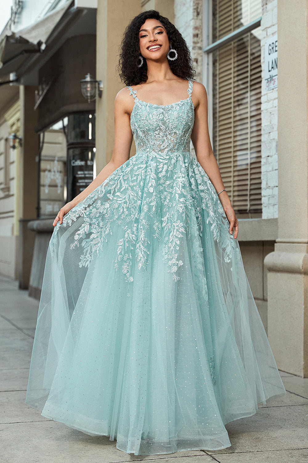 Gorgeous A Line Spaghetti Straps Mint Corset Ball Dress with Appliques