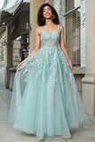 Gorgeous A Line Spaghetti Straps Mint Corset Ball Dress with Appliques
