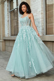Gorgeous A Line Spaghetti Straps Mint Corset Ball Dress with Appliques