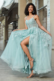 Gorgeous A Line Spaghetti Straps Mint Corset Ball Dress with Appliques