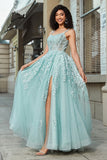 Gorgeous A Line Spaghetti Straps Mint Corset Ball Dress with Appliques