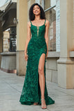 Stylish Mermaid Spaghetti Straps Dark Green Long Ball Dress with Appliques