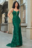Stylish Mermaid Spaghetti Straps Dark Green Long Ball Dress with Appliques