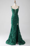 Dark Green Mermaid Spaghetti Straps Long Ball Dress with Appliques