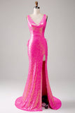 Sparkly Hot Pink Mermaid Ball Dress with Slit