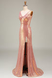 Sparkly Blush Mermaid V-Neck Long Ball Dress with Slit