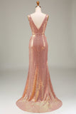 Sparkly Blush Mermaid V-Neck Long Ball Dress with Slit