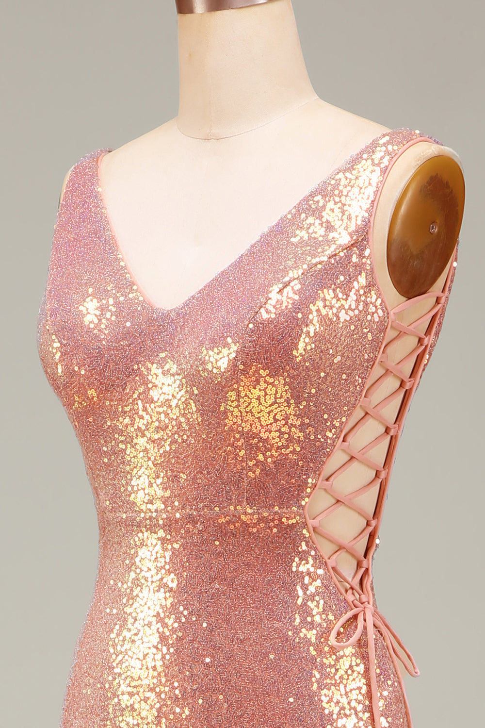 Sparkly Blush Mermaid V-Neck Long Ball Dress with Slit