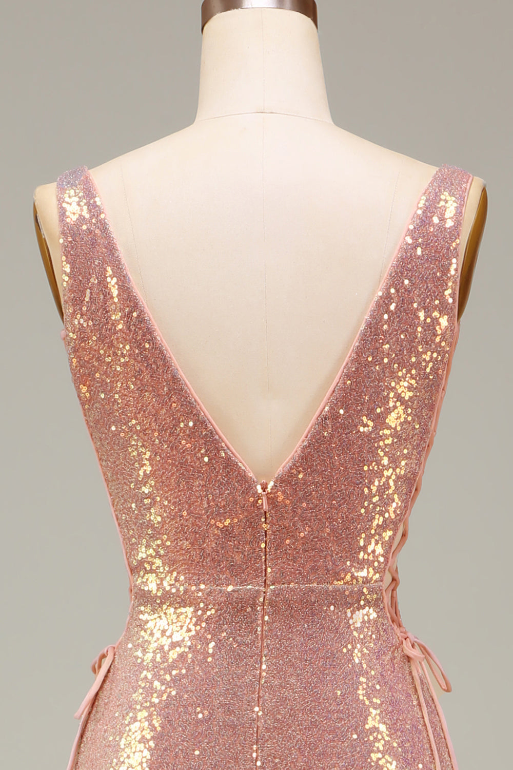 Sparkly Blush Mermaid V-Neck Long Ball Dress with Slit