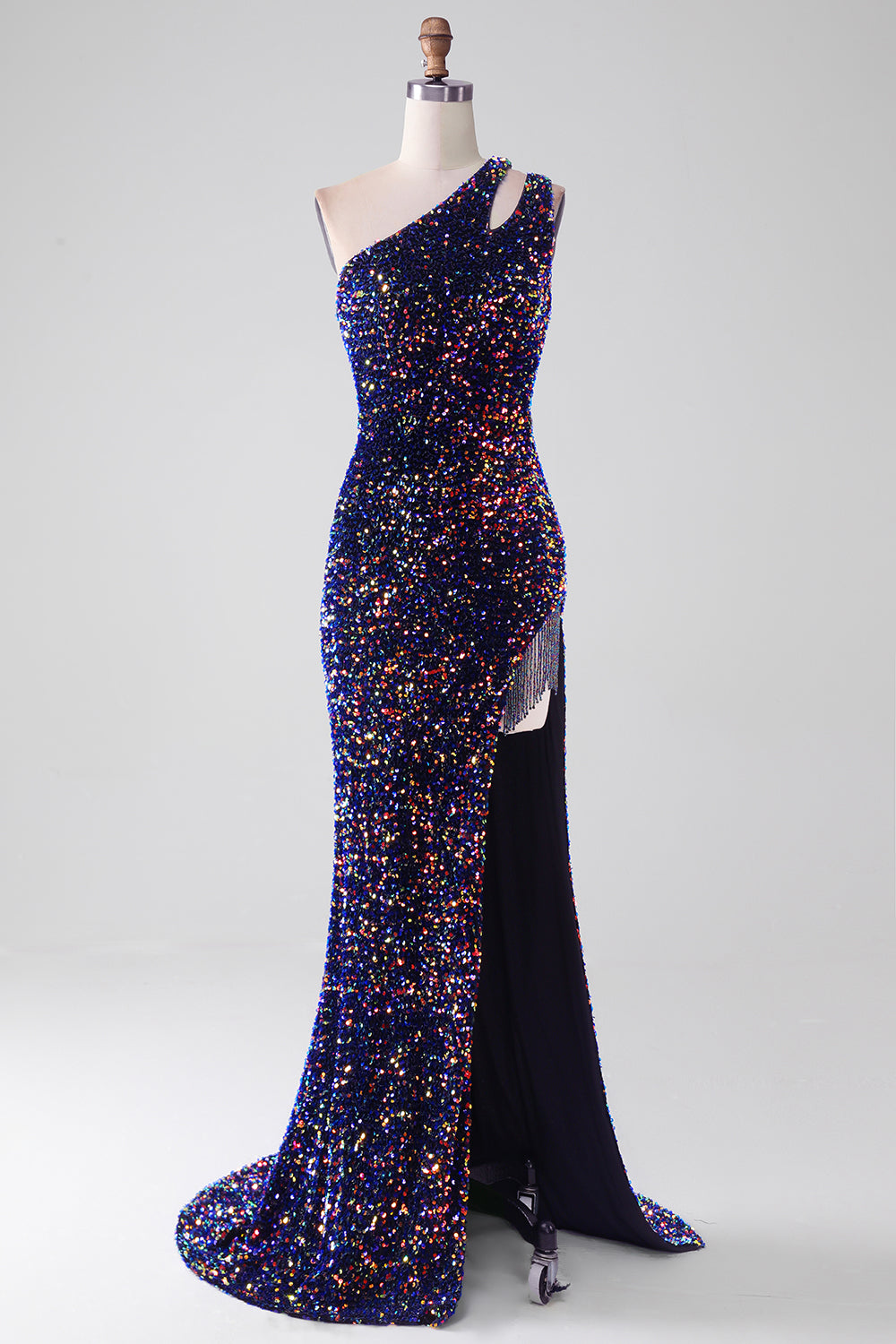 Black Mermaid One Shoulder Sequins Long Ball Dress with Slit
