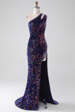 Black Mermaid One Shoulder Sequins Long Ball Dress with Slit