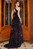 Sparkly Mermaid One Shoulder Black Sequins Long Ball Dress with Slit