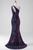 Black Mermaid One Shoulder Sequins Long Ball Dress with Slit