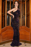 Sparkly Mermaid One Shoulder Black Sequins Long Ball Dress with Slit