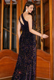 Sparkly Mermaid One Shoulder Black Sequins Long Ball Dress with Slit