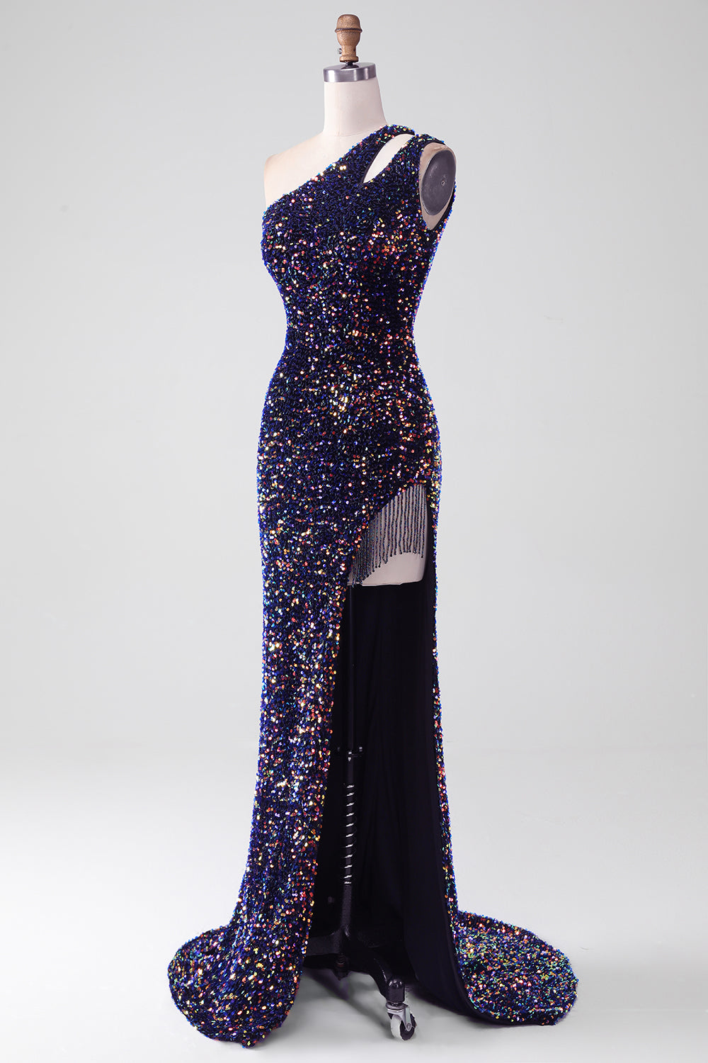 Black Mermaid One Shoulder Sequins Long Ball Dress with Slit