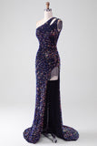 Black Mermaid One Shoulder Sequins Long Ball Dress with Slit