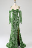 Mermaid Off the Shoulder Olive Printed Long Ball Dress with Split Front