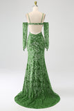 Mermaid Off the Shoulder Olive Printed Long Ball Dress with Split Front