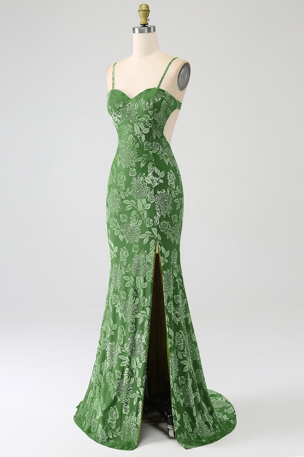 Mermaid Off the Shoulder Olive Printed Long Ball Dress with Split Front