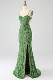 Mermaid Off the Shoulder Olive Printed Long Ball Dress with Split Front