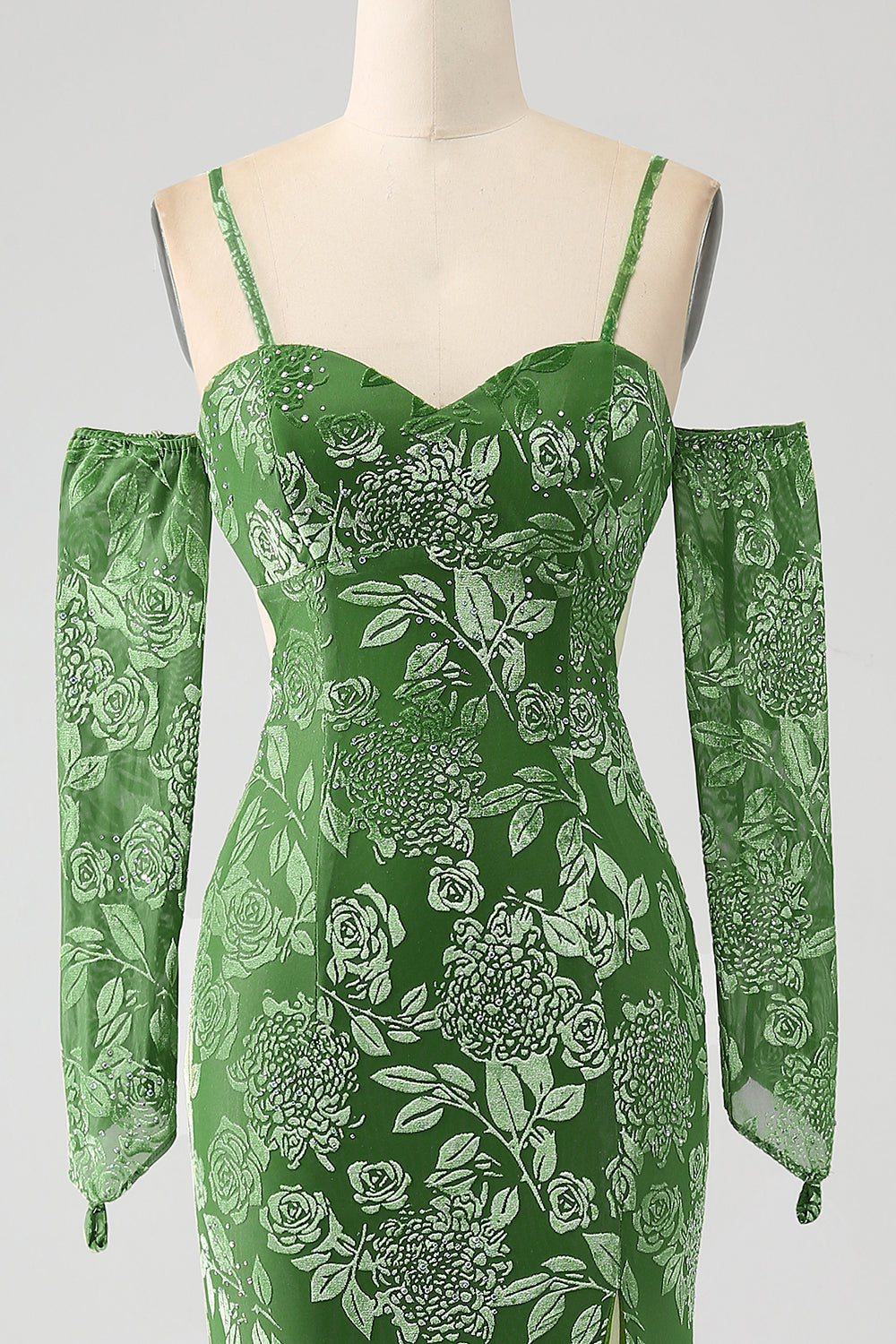 Mermaid Off the Shoulder Olive Printed Long Ball Dress with Split Front