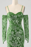 Mermaid Off the Shoulder Olive Printed Long Ball Dress with Split Front