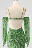 Mermaid Off the Shoulder Olive Printed Long Ball Dress with Split Front