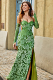 Olive Mermaid Floral Print Spaghetti Straps Long Ball Dress With Slit