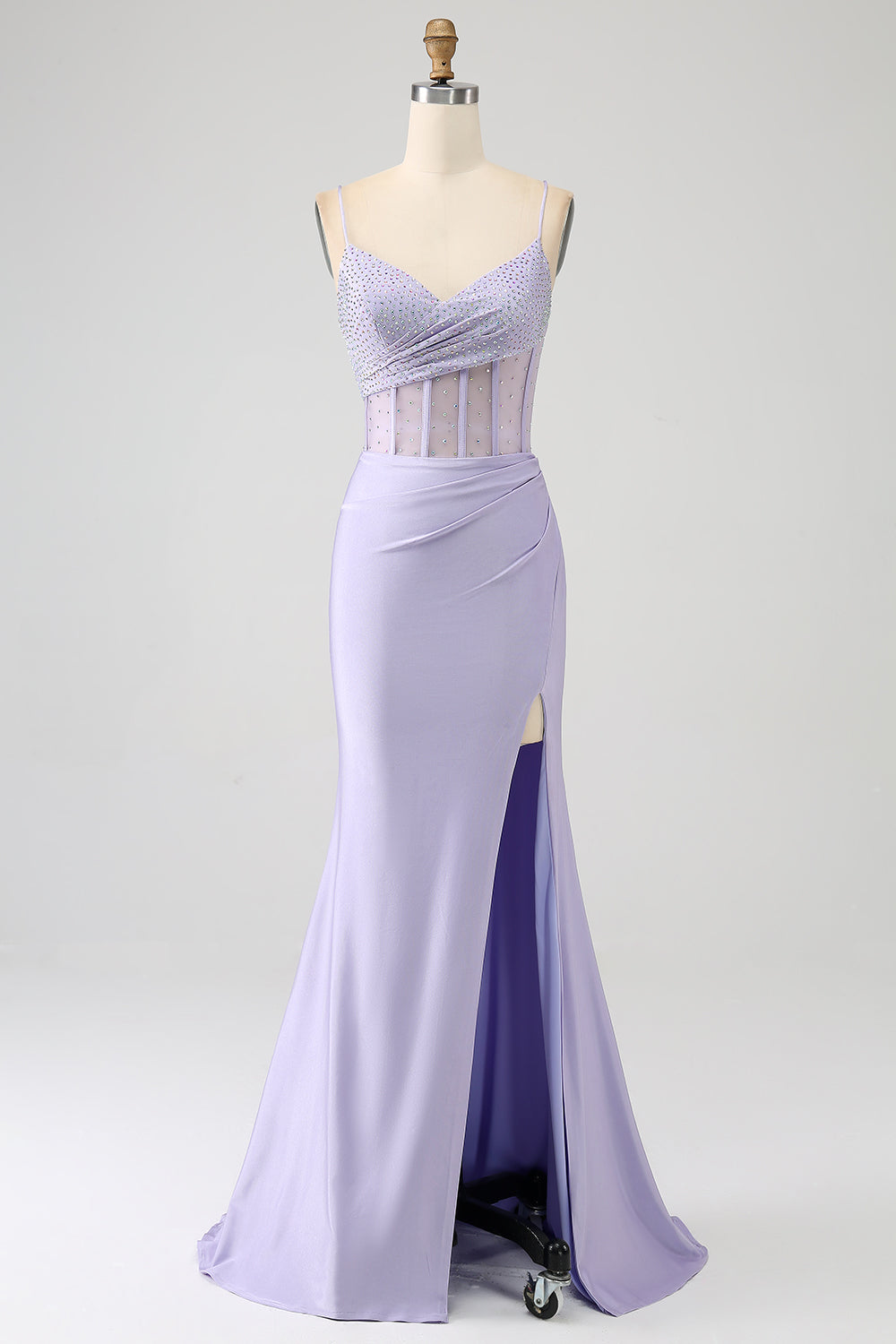 Glitter Lilac Corset Mermaid Spaghetti Straps Long Ball Dress with Slit