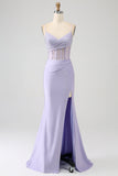 Glitter Lilac Corset Mermaid Spaghetti Straps Long Ball Dress with Slit