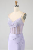Glitter Lilac Corset Mermaid Spaghetti Straps Long Ball Dress with Slit