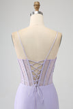 Glitter Lilac Corset Mermaid Spaghetti Straps Long Ball Dress with Slit