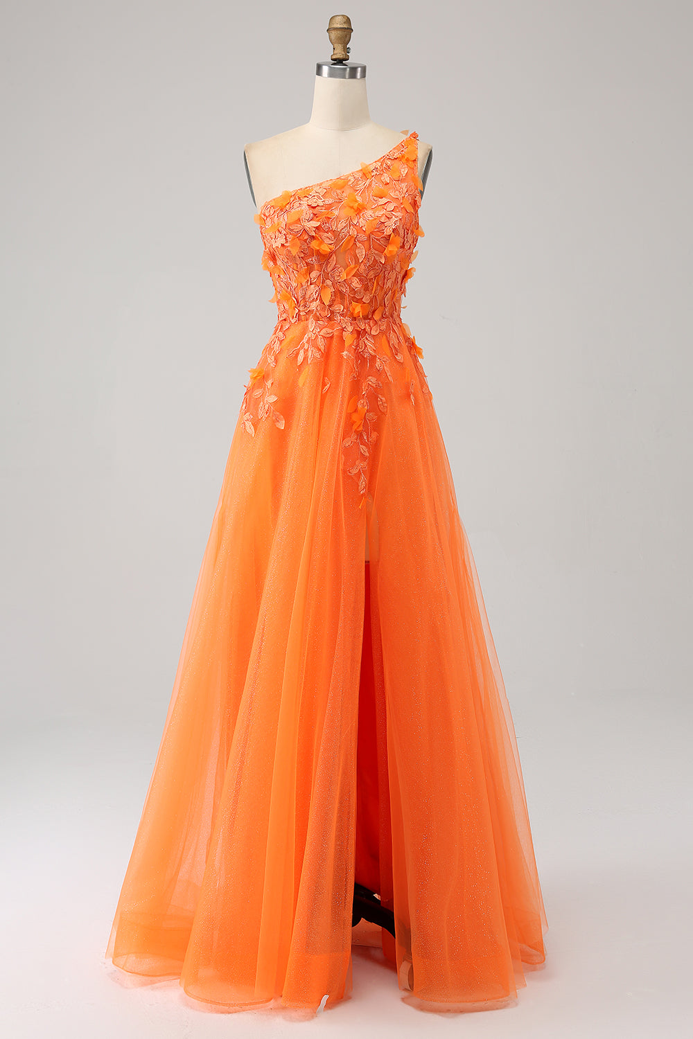Orange A-Line One Shoulder Tulle Long Ball Dress with Appliques