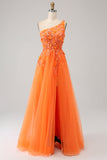 Orange A-Line One Shoulder Tulle Long Ball Dress with Appliques
