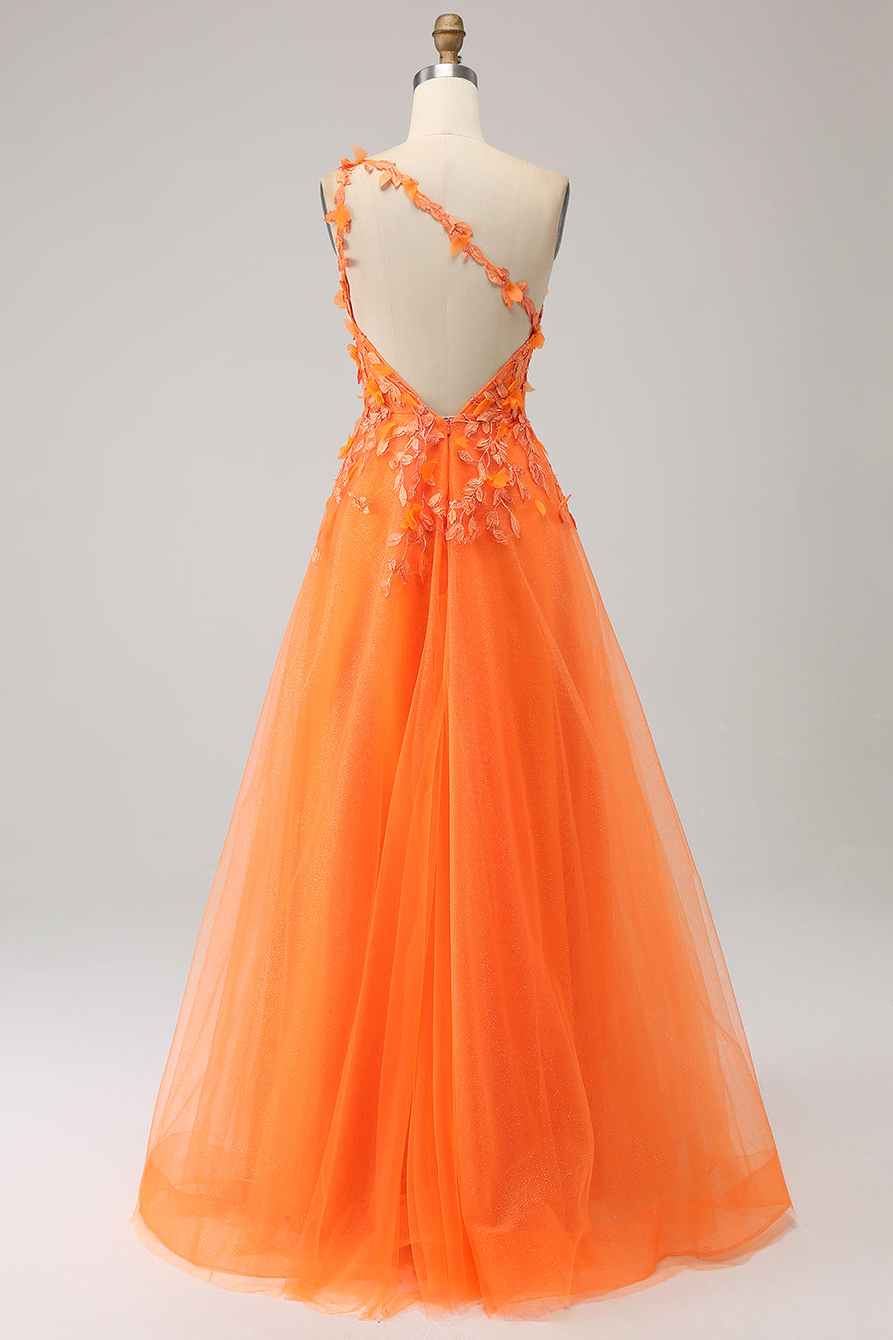Orange A-Line One Shoulder Tulle Long Ball Dress with Appliques