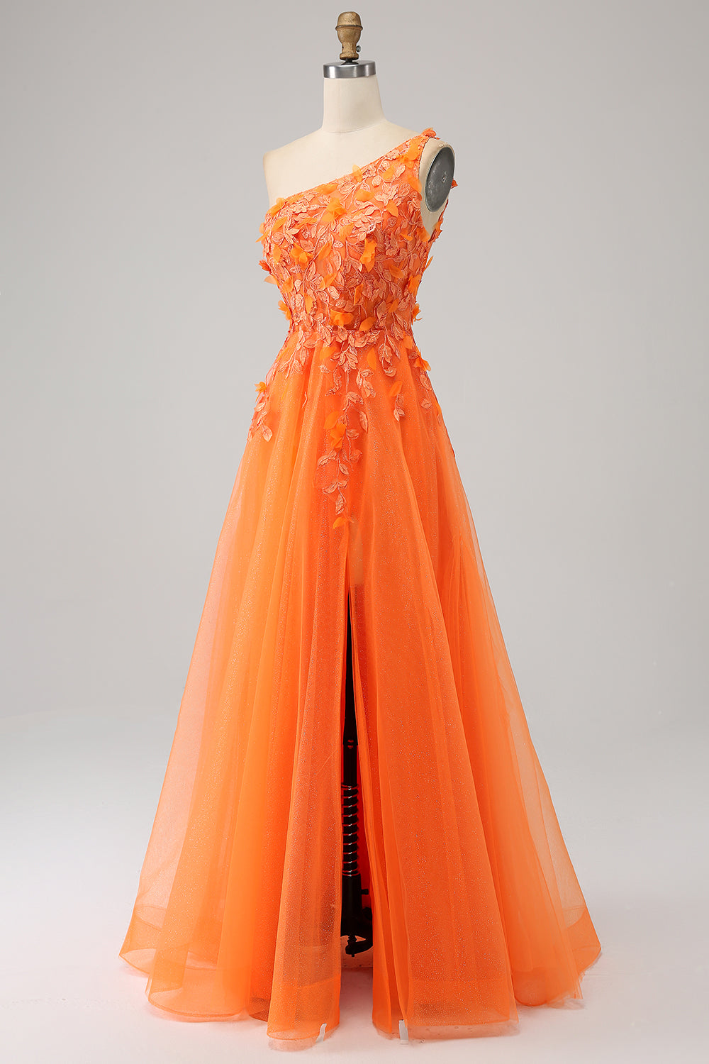 Orange A-Line One Shoulder Tulle Long Ball Dress with Appliques