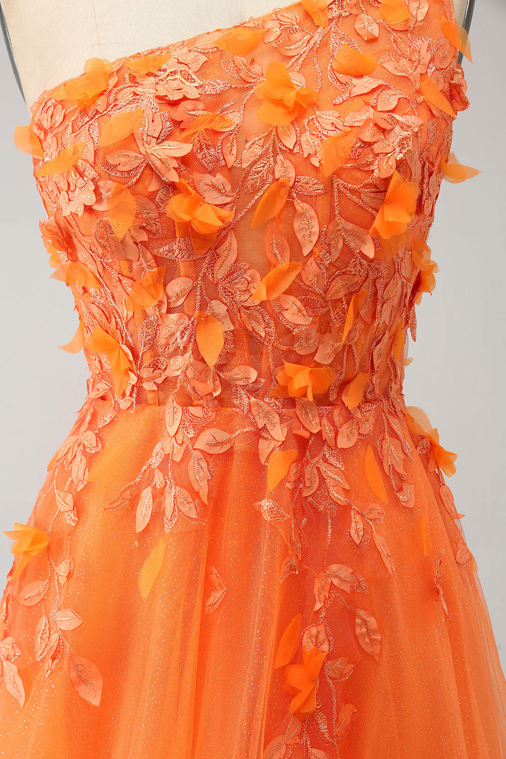 Orange A-Line One Shoulder Tulle Long Ball Dress with Appliques
