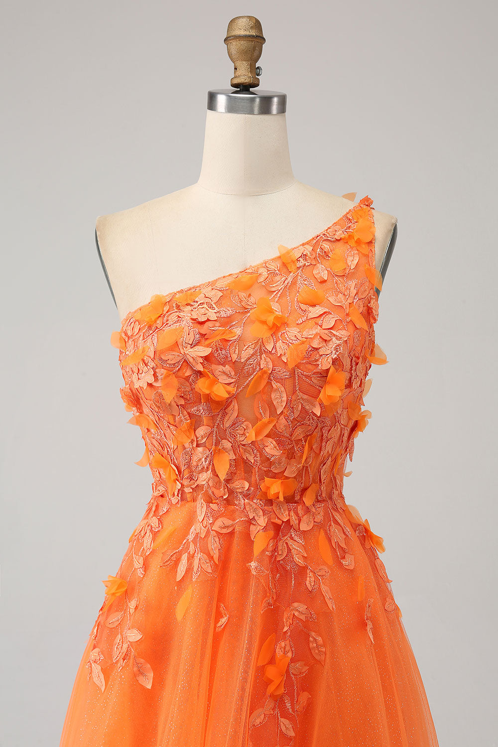 Orange A-Line One Shoulder Tulle Long Ball Dress with Appliques