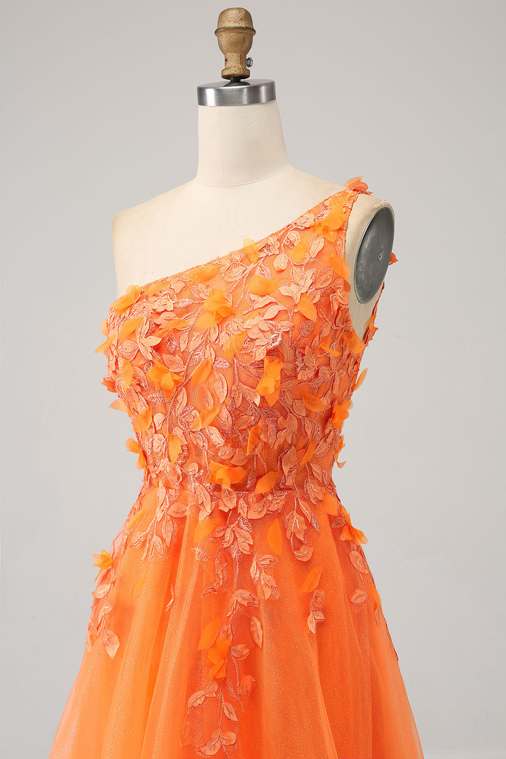 Orange A-Line One Shoulder Tulle Long Ball Dress with Appliques