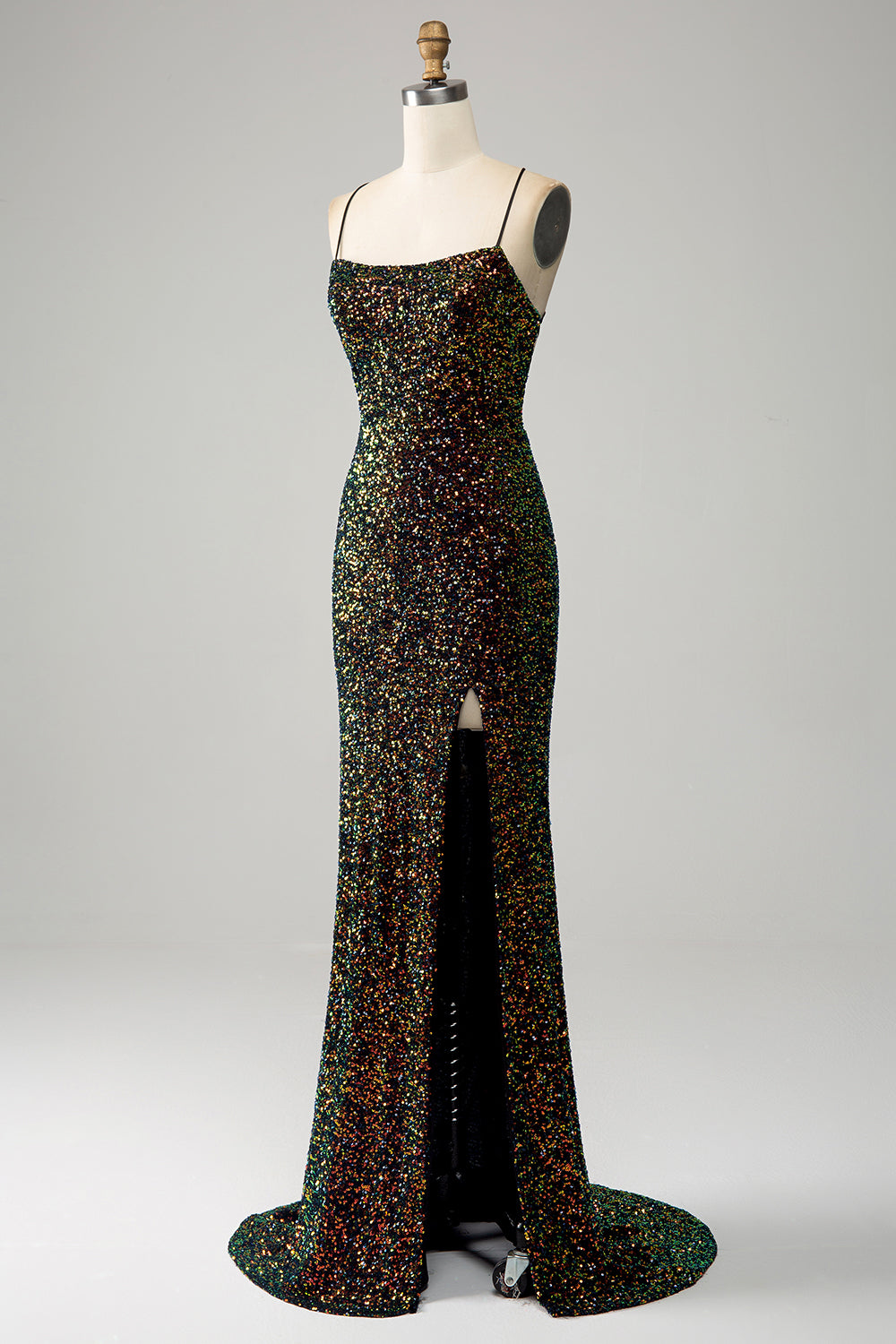 Glitter Black Spaghetti Straps Sequins Mermaid Ball Dress with Slit