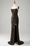 Glitter Black Spaghetti Straps Sequins Mermaid Ball Dress with Slit