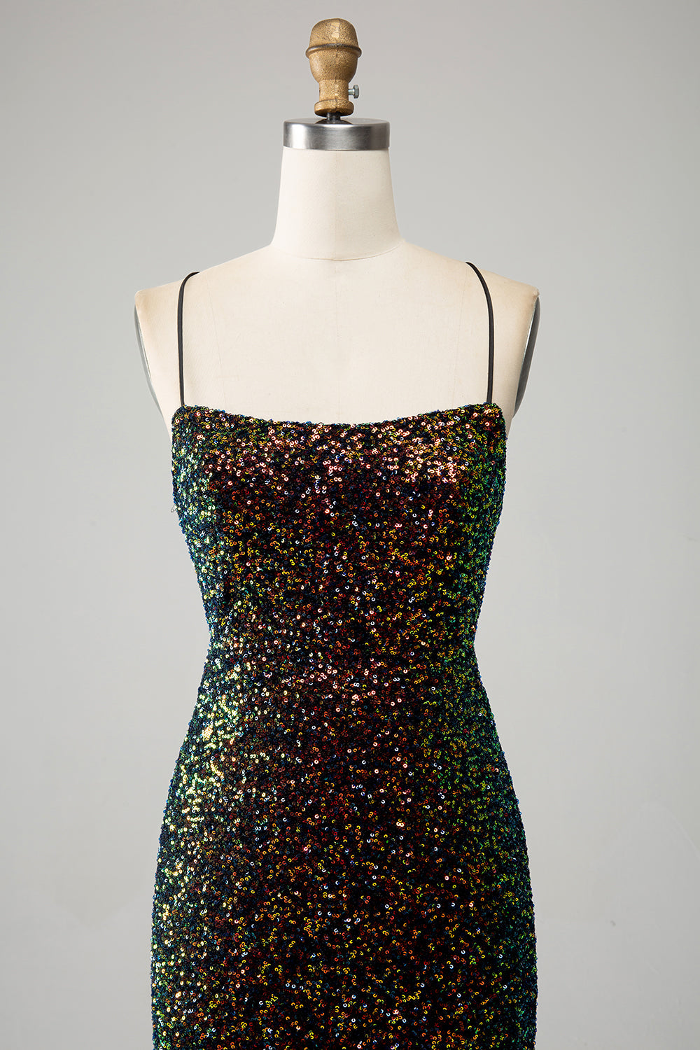 Glitter Black Spaghetti Straps Sequins Mermaid Ball Dress with Slit