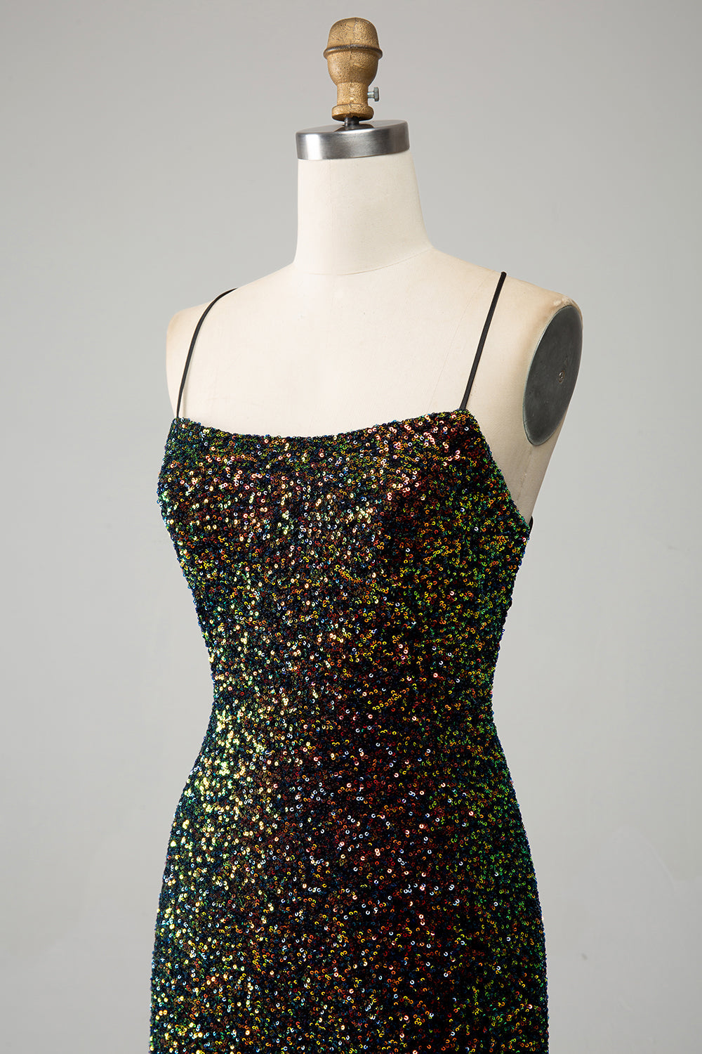 Glitter Black Spaghetti Straps Sequins Mermaid Ball Dress with Slit