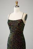 Glitter Black Spaghetti Straps Sequins Mermaid Ball Dress with Slit