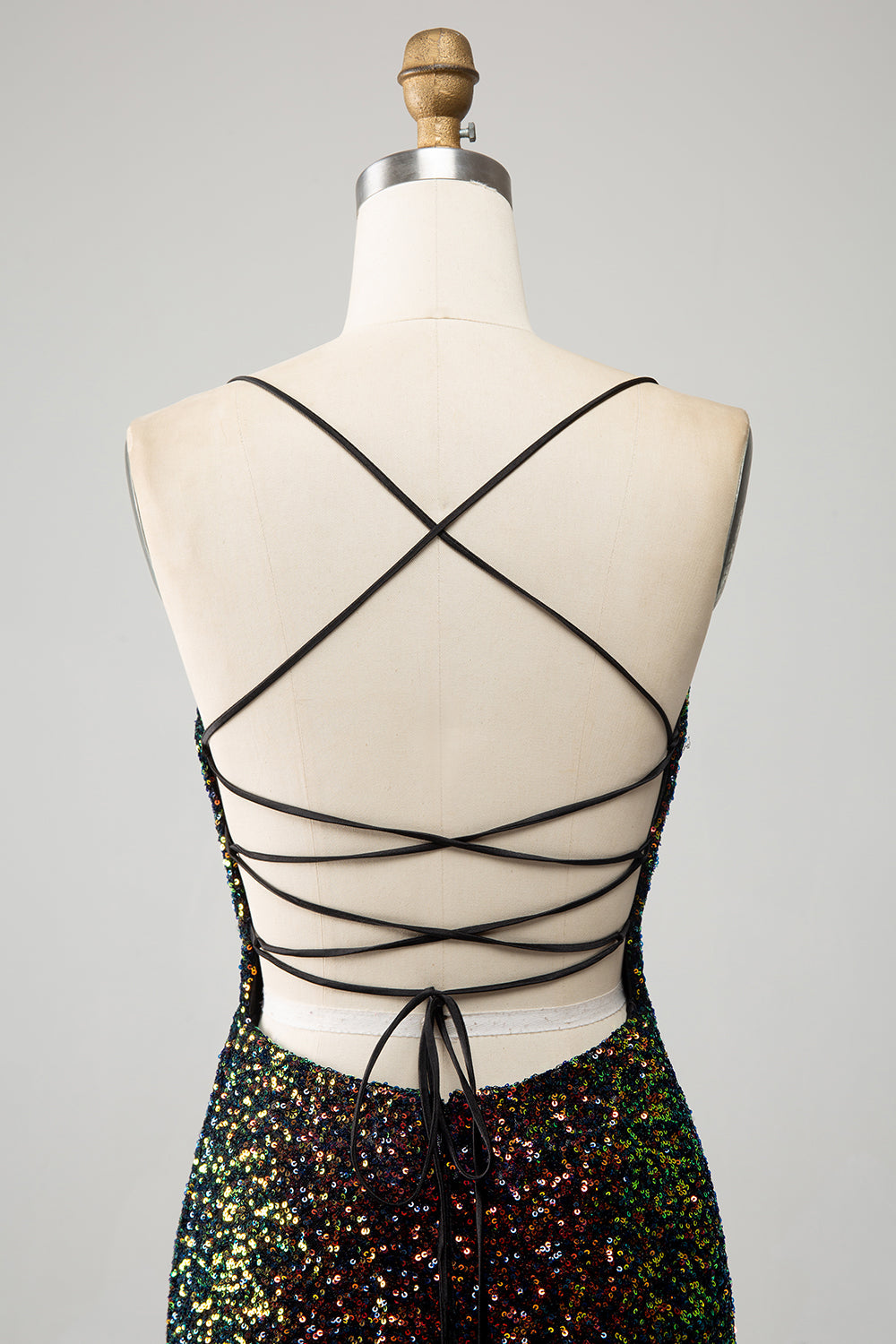 Glitter Black Spaghetti Straps Sequins Mermaid Ball Dress with Slit