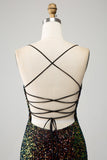 Glitter Black Spaghetti Straps Sequins Mermaid Ball Dress with Slit