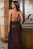 Sparkly Black Spaghetti Straps Sequins Mermaid Ball Dress with Slit