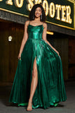 Sparkly A-line Dark Green Corset Ball Dress with Slit
